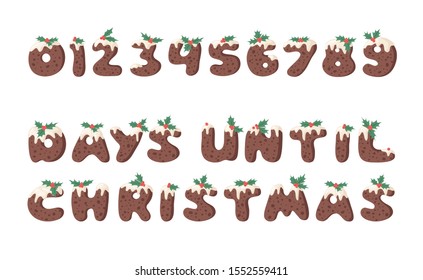 Cartoon vector illustration Christmas Pudding. Hand drawn font. Actual Creative Holidays bake alphabet and word DAYS UNTIL CHRISTMAS and numbers