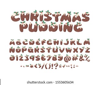 Cartoon vector illustration Christmas Pudding. Hand drawn font. Actual Creative Holidays bake alphabet, numbers and signs