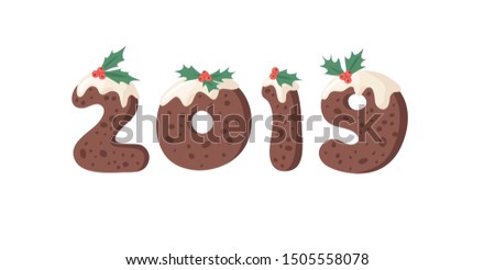 Cartoon vector illustration Christmas Pudding. Hand drawn font. Actual Creative Holidays bake alphabet and numbers 2019