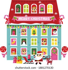 A cartoon vector illustration of christmas santa, reindeer, elves and gifts in big holiday house.