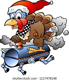 Cartoon Vector illustration of an Christmas Thanksgiving Turkey riding a BBQ grill barrel