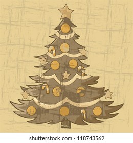 Cartoon vector illustration of a Christmas tree on an old brown paper