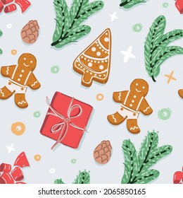 Cartoon vector illustration of Christmass seamless pattern. New Year's branches, gingerbread cookies present box top view.