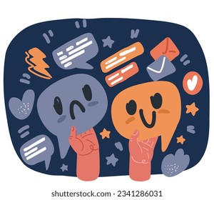 Cartoon vector illustration of Circle buttons. Speech bubble smile face icons. Happy, sad, cry signs. Happy smiley chat symbol. Sadness depression and crying signs Winner concept over dark