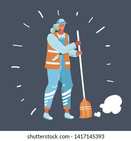 Cartoon vector illustration of City street male or female sweeper cleaning with broom tool on dark.