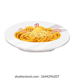 Ilustração vetorial de desenhos animados de massas italianas clássicas com guanciale, queijo parmesão e gema de ovo. Desenhado à mão arte da comida para o design do menu, anúncios culinários, visuais da receita, adesivos, embalagem de alimentos