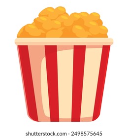 Cartoon vector illustration of a classic red and white striped popcorn bucket overflowing with popcorn