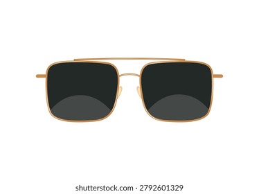 Cartoon vector illustration of classic square aviator sunglasses with a gold frame and dark lenses. Vintage fashion eyewear isolated on a white background.