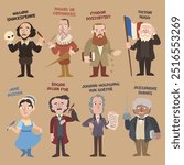 Cartoon vector illustration of classic western authors. Fun collection of iconic figures of literature. Shakespeare Cervantes Dostoevsky Victor Hugo Austen Poe Goethe Dumas. Flat colors