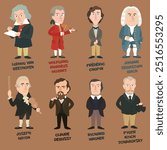 Cartoon vector illustration of classic western music composers. Fun collection of iconic figures of music. Beethoven Mozart Chopin Bach Haydn Debussy Wagner Tchaikovsky. Flat colors