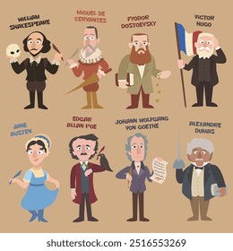 Cartoon vector illustration of classic western authors. Fun collection of iconic figures of literature. Shakespeare Cervantes Dostoevsky Victor Hugo Austen Poe Goethe Dumas. Flat colors