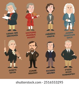 Cartoon vector illustration of classic western music composers. Fun collection of iconic figures of music. Beethoven Mozart Chopin Bach Haydn Debussy Wagner Tchaikovsky. Flat colors