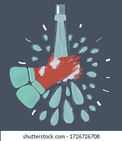 Cartoon vector illustration of clean human hands wash in water. Splashing and water drop on dark background.
