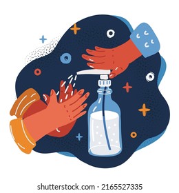 Cartoon vector illustration of Clear hand sanitizer in pump bottle. Hand sanitizer is used for killing germs, bacteria and viruses. Hands used it over dark background.