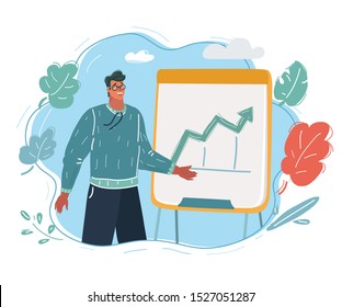 Cartoon vector illustration of clever man with a flip chart. Show presentation. Human character on blue background.