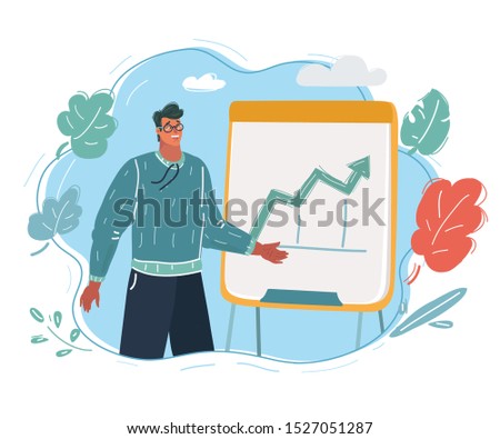 Cartoon vector illustration of clever man with a flip chart. Show presentation. Human character on blue background.