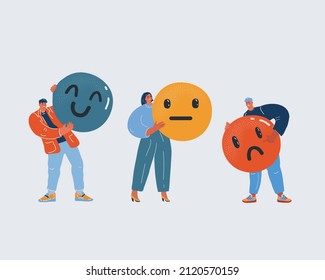 Cartoon vector illustration of client service rating. People with smileis with different emotions from angry to happy. Three mood emotions: angry, indifferent, satisfied.