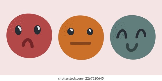 Cartoon vector illustration of client service rating. Smileis with different emotions from angry to happy. Three mood emotions angry, indifferent, satisfied.