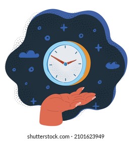 Cartoon, Vektorgrafik der Uhr in der menschlichen Hand auf dunklem Hintergrund.