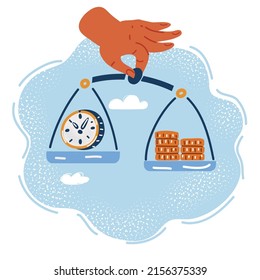 Dibujo vectorial de dibujos animados de Reloj y dinero a escala manual. El tiempo es concepto de dinero.