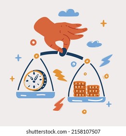 Dibujo vectorial de dibujos animados de Reloj y dinero a escala manual. Inversión financiera, ahorros, depósitos bancarios, ingresos futuros, beneficios monetarios. El tiempo es concepto de dinero.