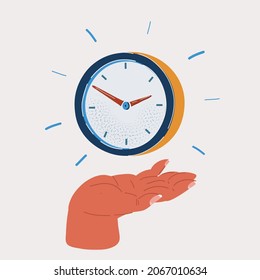 Cartoon vector illustration of clock on hand on wite backround.