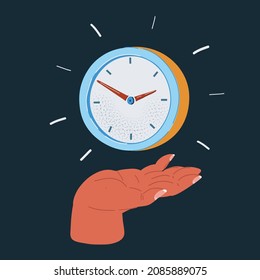 Ilustración vectorial de dibujos animados del reloj en mano sobre el fondo oscuro.