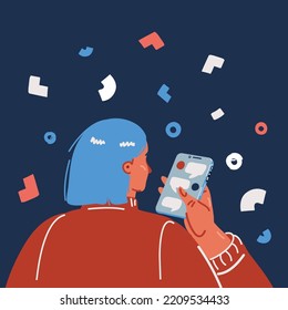 Ilustración vectorial de dibujos animados de la vista posterior de cierre del teléfono de espera joven. Vista trasera sobre fondo oscuro