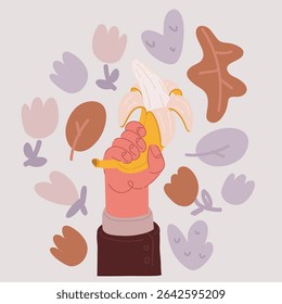 Cartoon vector illustration of close up of a hand man holding banana