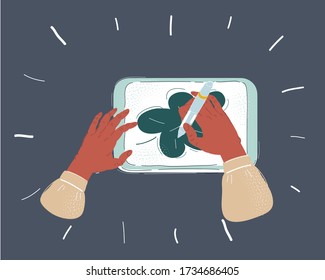 Cartoon vector illustration of Close up hands holding a digital tablet with a picture of leave. Object on dark background.