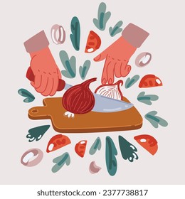Cartoon vector illustration of Close up hands cutting onion with knife on chopping board. Prep food basic knife skills