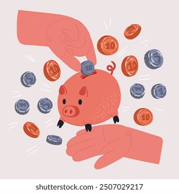 Cartoon vector illustration of Close up, hand putting coins into the piggy bank. Making savings. Financial planning concept.
