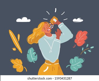 Cartoon vector illustration of Close up of Woman in put lot of pill into her mouth. Hypochondriac and use drugs treated for diseases. Human character on dark background.
