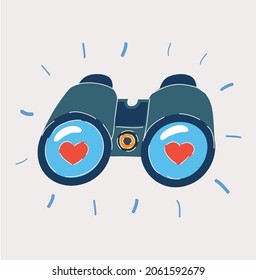 Cartoon vector illustration of Closeup binoculars, searching for something heart sign on lenses.