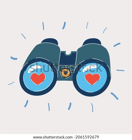 Cartoon vector illustration of Closeup binoculars, searching for something heart sign on lenses.