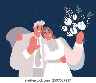 Cartoon vector illustration of Close-up of groom's hand holding bride's wirst tender over dark background