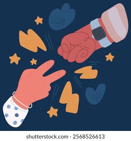 Cartoon vector illustration of Close-up of the hands of two friends pre-teenage sitting playing Rock-paper-scissors over dark background