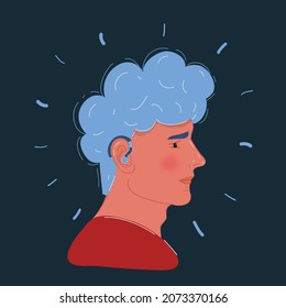 Cartoon vector illustration of close-up of a man ear with a behind-the-ear-hearing device on dark background.