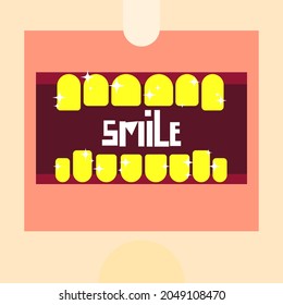 Cartoon vector illustration. Close-up open mouth with golden shining teeth, smile.