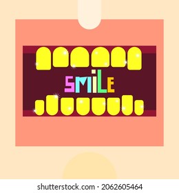 Cartoon vector illustration. Close-up open mouth with golden shining teeth, smile.