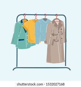 Cartoon vector illustration of clothes or apparel hanging on hangers on rack. Isolated on white background. Clothing organization or storage. Object on white background.