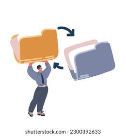 Cartoon vector illustration of Cloud Backup. Man try to sinhronyze his files. Network cloud service. Backup concept. Copying file. Server. Data Center. Database Synchronize Technology.