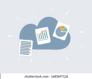 Cartoon vector illustration of cloud based data sharing concept icon on dark background. Remote team work symbol.