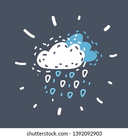 Cartoon vector illustration of cloud and hail on dark background. Funny hand drawn picture. Object on isolated.