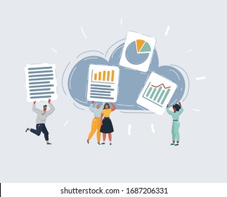 Cartoon vector illustration of Cloud storage technologies, services for work. Tool for collaboration. Remote team of developers and designers. Freelancer, designer, programmer, office worker.