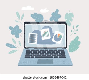 Cartoon vector illustration of cloud storage database icon on laptop screen. Backup files concept on white background.