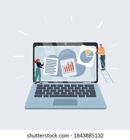 Cartoon vector illustration of cloud storage and tiny people save and backup them files on screen of Laptop. Man and woman, working proces on white background.