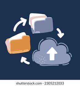 Cartoon vector illustration of Cloud storage. Digital files organization service or app with data transfering over dark background