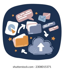 Ilustración vectorial de dibujos animados del icono de almacenamiento en la nube. Servicio o aplicación de organización de archivos digitales con transferencia de datos sobre fondo oscuro