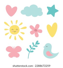 Cartoon vector illustration with cloud, sun, hearts, flower, butterfly, birdie.